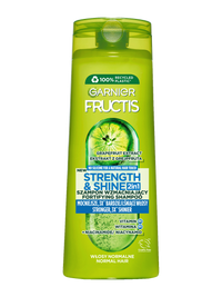 Limonkowa butelka wzmacniającego szamponu Garnier Fructis, tylna etykieta wielojęzyczna