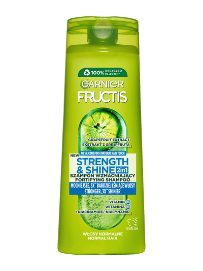 Limonkowa butelka wzmacniającego szamponu Garnier Fructis, tylna etykieta wielojęzyczna