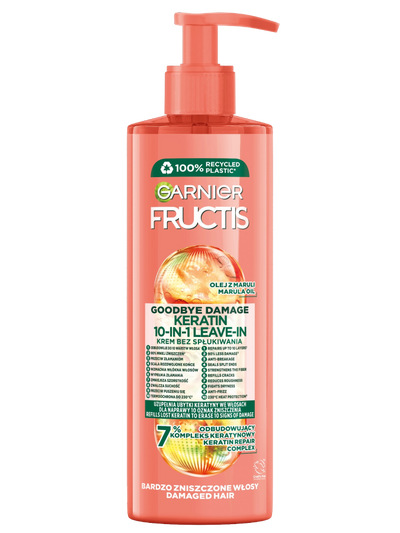 Różowo-pomarańczowa butelka Garnier Fructis z pompką i grafiką oleju marula, na różowym tle