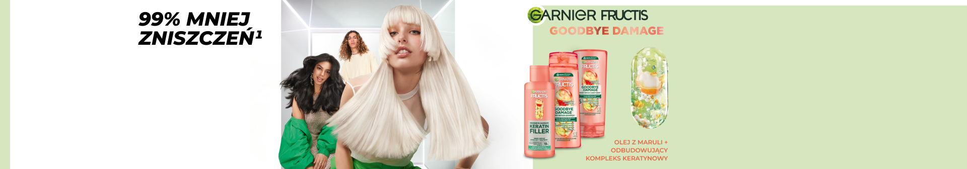 Trzy modelki o zdrowych włosach, blondynka na pierwszym planie, obok produkty Garnier Fructis Goodbye Damage