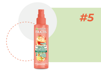 Koralowo-różowa butelka ze sprayem Garnier Fructis na biało-zielonym tle z pomarańczowym okręgiem