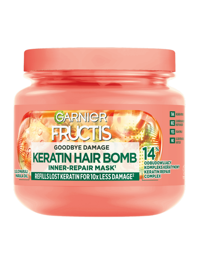 Koralowy słoik maski Garnier Fructis Keratin Hair Bomb z motywem owoców