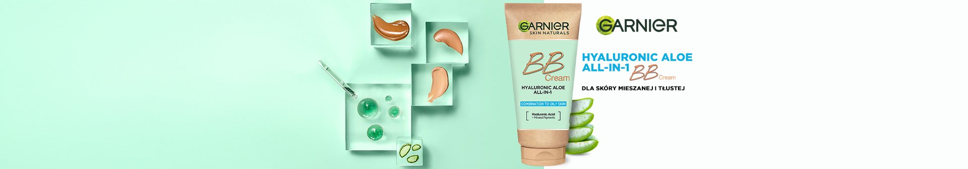 Tubka Garnier BB Cream wśród próbek produktu i plasterków aloesu, na miętowo-białym tle