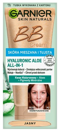 Tubka Garnier Skin Naturals BB Cream z próbką i porównaniem „przed/po” twarzy bez retuszu