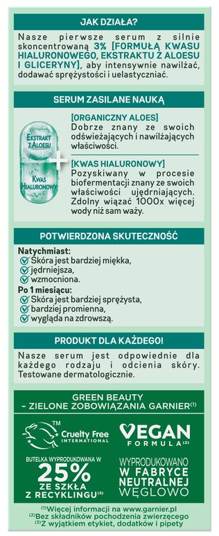 Pionowy panel produktu z opisem składników i korzyści serum, w zielono-białych sekcjach