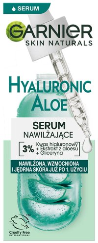 Buteleczka serum Garnier Hyaluronic Aloe z pipetą i kroplą, plasterki aloesu, na białym tle
