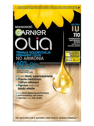 Opakowanie farby Garnier Olia ze złotą kroplą olejku, słonecznikami i blond pasmami włosów