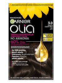 Opakowanie farby Garnier Olia 3.0 Miękka Czerń z kroplą olejku i słonecznikiem, na czarnym tle