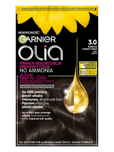 Opakowanie farby Garnier Olia 3.0 Miękka Czerń z kroplą olejku i słonecznikiem, na czarnym tle