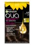 Opakowanie farby Garnier Olia 4.0 Ciemny Brąz ze słonecznikiem i kroplą olejku, na czarnym tle
