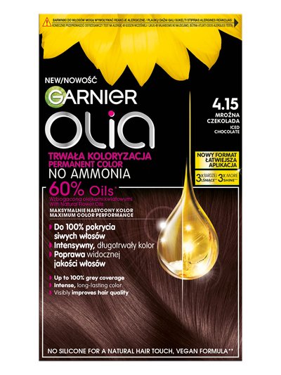 Opakowanie farby Garnier Olia 4.15 Mrożona Czekolada z kroplą olejku i słonecznikiem