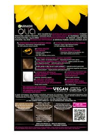 Reklama farby Garnier Olia z opcjami koloru, „Vegan Formula” i „Cruelty Free”