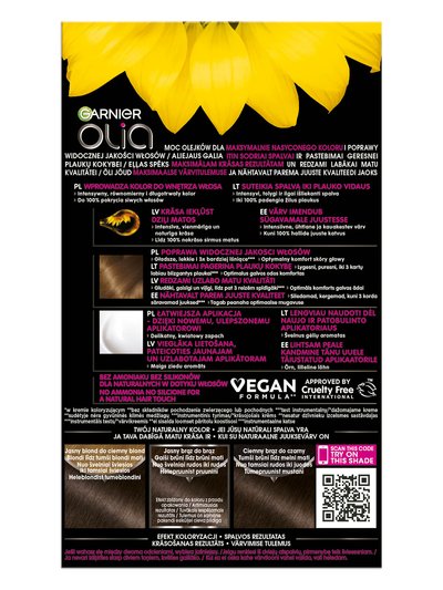 Reklama farby Garnier Olia z opcjami koloru, „Vegan Formula” i „Cruelty Free”
