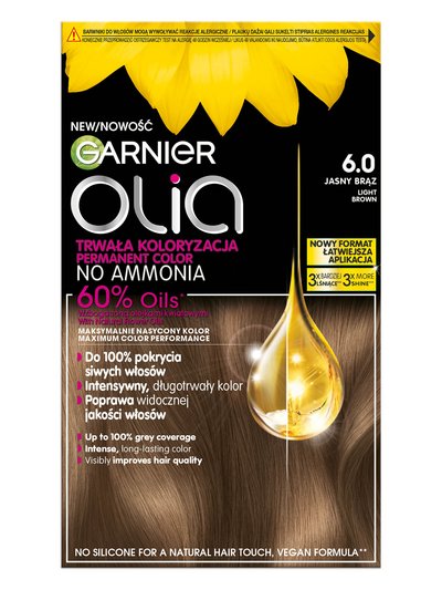 Opakowanie farby Garnier Olia 6.0 Jasny Brąz ze słonecznikiem, na czarnym tle