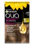 Opakowanie farby Garnier Olia 6.0 Jasny Brąz ze słonecznikiem, na czarnym tle