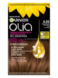 Opakowanie farby Garnier Olia 6.35 Jasna Czekolada z kroplą olejku i brązowymi włosami