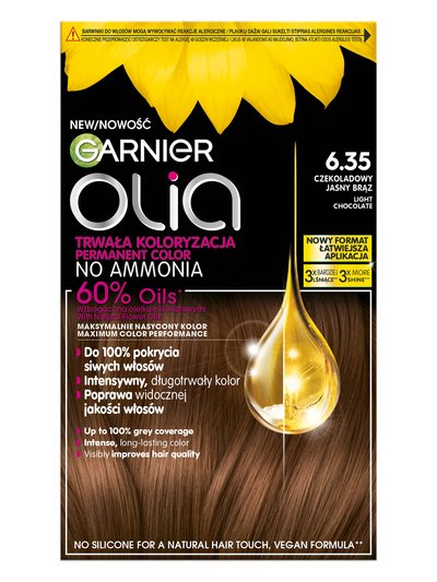 Opakowanie farby Garnier Olia 6.35 Jasna Czekolada z kroplą olejku i brązowymi włosami