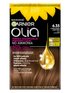 Opakowanie farby Garnier Olia 6.35 Jasna Czekolada z kroplą olejku i brązowymi włosami