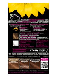 Opakowanie farby Garnier Olia z trzema brązowymi odcieniami i kodem QR, na czarnym tle