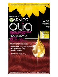 Opakowanie farby Garnier Olia 6.60 Intensywna Czerwień z kroplą olejku i słonecznikami