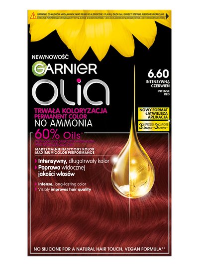 Opakowanie farby Garnier Olia 6.60 Intensywna Czerwień z kroplą olejku i słonecznikami