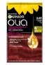Opakowanie farby Garnier Olia 6.60 Intensywna Czerwień z kroplą olejku i słonecznikami