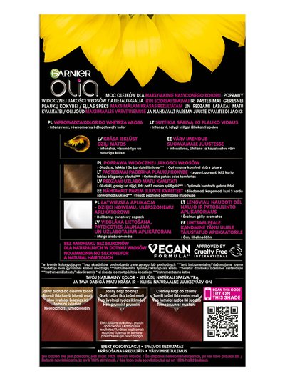 Czarny panel produktu Garnier Olia z opisem korzyści i trzema odcieniami koloru