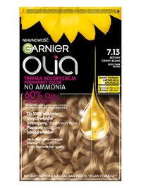 Opakowanie farby Garnier Olia w odcieniu beżowo-ciemny blond ze słonecznikiem i kroplą olejku