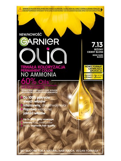 Opakowanie farby Garnier Olia w odcieniu beżowo-ciemny blond ze słonecznikiem i kroplą olejku