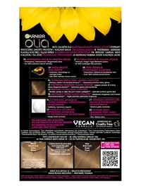 Opakowanie farby Garnier Olia z korzyściami i próbkami koloru w odcieniach blondu