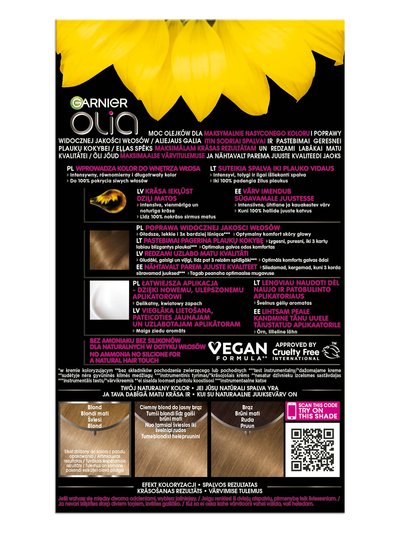 Opakowanie farby Garnier Olia z korzyściami i próbkami koloru w odcieniach blondu