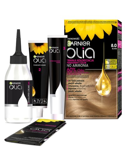 Zestaw farby Garnier Olia w odcieniu blond z elementami, na białym tle