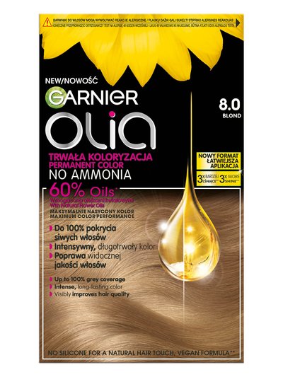 Opakowanie farby Garnier Olia 8.0 Blond, bez amoniaku, 60% olejków, z kroplą olejku i słonecznikiem