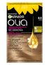 Opakowanie farby Garnier Olia 8.0 Blond, bez amoniaku, 60% olejków, z kroplą olejku i słonecznikiem