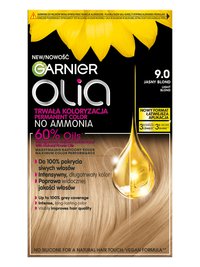 Opakowanie farby Garnier Olia 9.0 Jasny Blond z kroplą olejku, słonecznikami, na czarnym tle