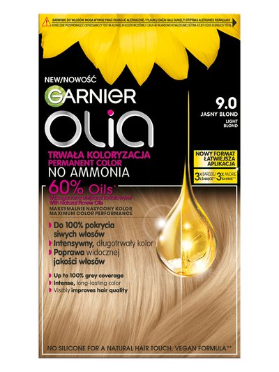 Opakowanie farby Garnier Olia 9.0 Jasny Blond z kroplą olejku, słonecznikami, na czarnym tle
