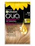 Opakowanie farby Garnier Olia 9.0 Jasny Blond z kroplą olejku, słonecznikami, na czarnym tle