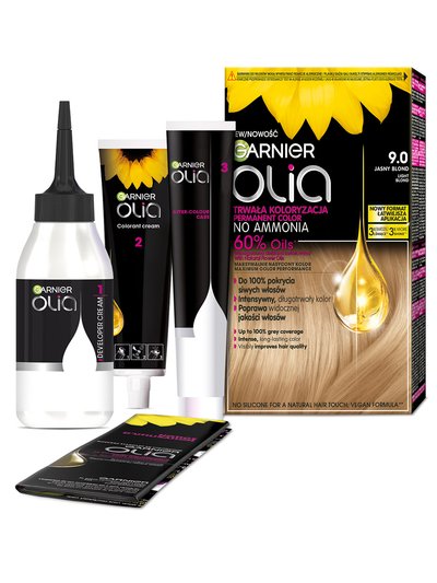 Zestaw farby Garnier Olia w odcieniu jasny blond: opakowanie, utleniacz, dwie tubki, instrukcja