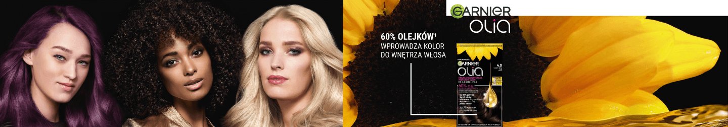 Trzy kobiety o różnych włosach (fioletowe, ciemne, blond) i opakowanie farby Garnier Olia, na żółtym tle