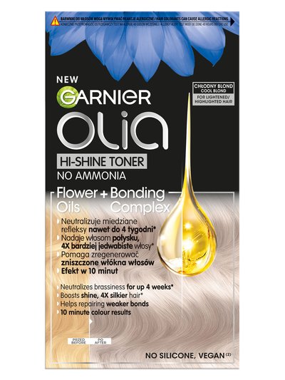 Opakowanie tonera Garnier Olia Hi-Shine z opisem tonowania blondu i efektami, na ciemnym tle