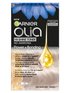 Opakowanie tonera Garnier Olia Hi-Shine z opisem tonowania blondu i efektami, na ciemnym tle