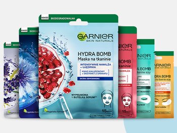 Sześć saszetek masek Garnier Skin Naturals w wachlarzu, z przodu Hydra Bomb z granatem