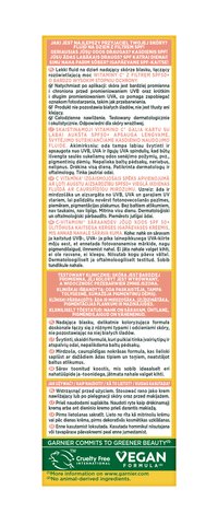Wielojęzyczna etykieta z opisem rozjaśniania skóry, ochroną SPF50+ i sposobem użycia