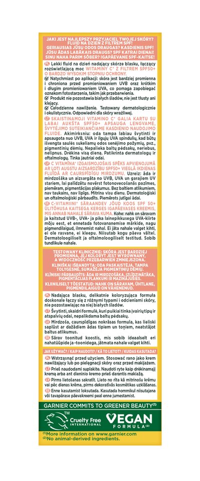 Wielojęzyczna etykieta z opisem rozjaśniania skóry, ochroną SPF50+ i sposobem użycia