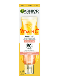 Tubka rozświetlającego fluidu Garnier Vitamin C Daily UV z opisem, na żółto-białym tle
