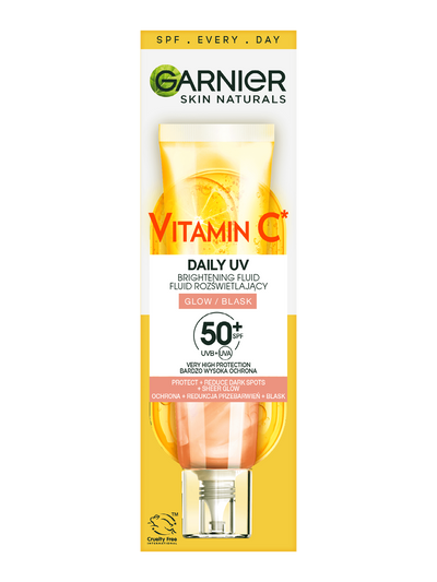 Tubka rozświetlającego fluidu Garnier Vitamin C Daily UV z opisem, na żółto-białym tle
