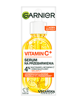 Buteleczka serum Garnier Vitamin C+ z pipetą, żółtym płynem, plasterkami cytrusów i pęcherzykami, na białym tle
