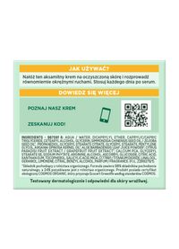 Jasnozielona etykieta produktu z instrukcją, składem, ikoną telefonu i kodem QR