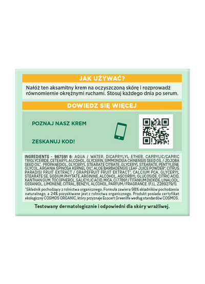 Jasnozielona etykieta produktu z instrukcją, składem, ikoną telefonu i kodem QR