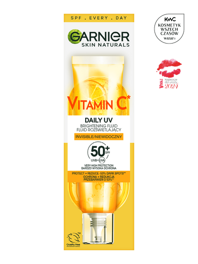 Wysoka, smukła butelka Garnier Vitamin C Daily UV z plasterkami pomarańczy i opisem produktu